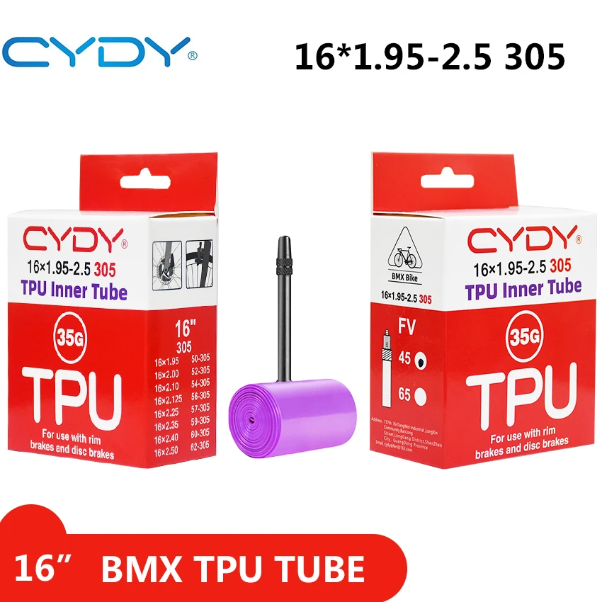 Фото Ультралегкая велосипедная камера CYDY 35G из TPU, 16 дюймов, клапан Prseta: 45 мм, подходит для шин 16 305 16x1.95-2.5. №5