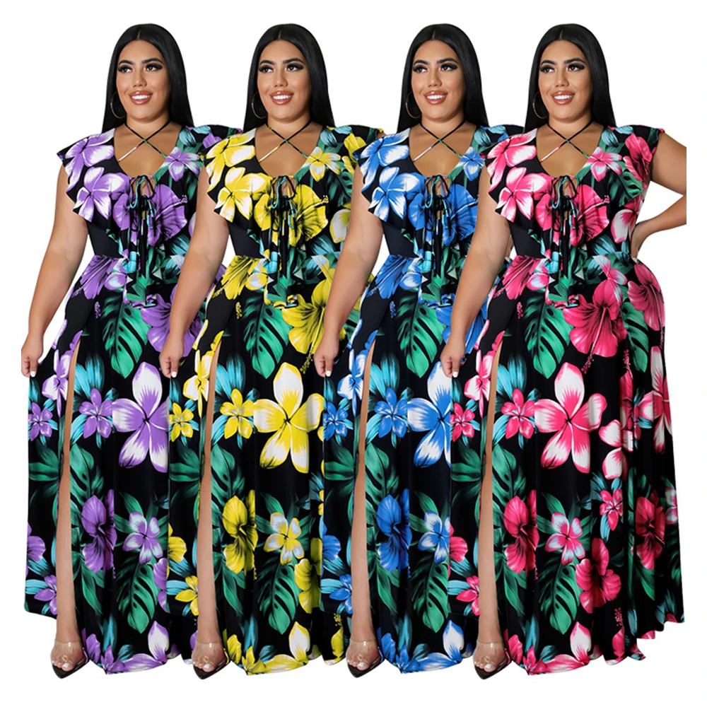 

Summer dress women dress maxi dress ruffle collar print maxi dresses for women XL-5XL
