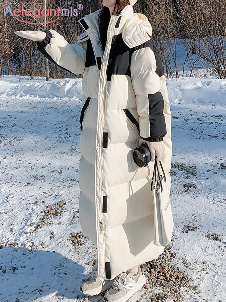 

Aelegantmis Korea Hooded Long Parka Coats for Women Oversized Patchwork Quilted Jackets Winter Warm Cotton Padded Clothes Female