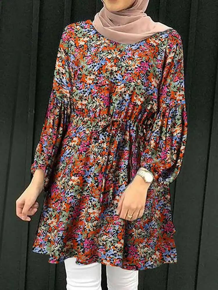 

ZANZEA Women Dubai Turkey Abaya Hijab Blouse Spring Long Sleeve Floral Printed Muslim Tops Casual Loose Shirt Oversize Jilbab