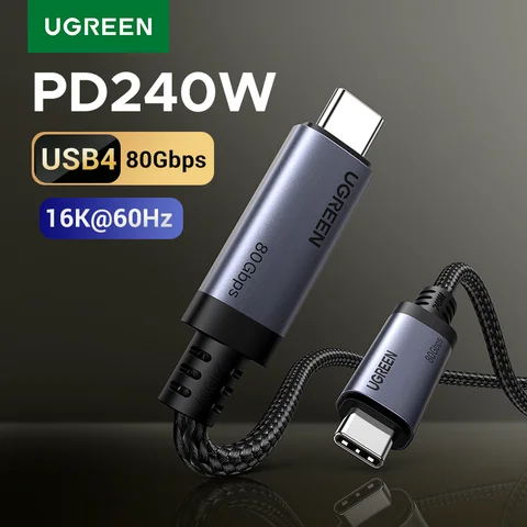 Кабель UGREEN USB4 Full Function USB-C с поддержкой PD3.1 240W, передачей данных 80 Гбит/с и передачей видео 16K 60 Гц для мониторов, ноутбуков, MacBook, Dell, HP