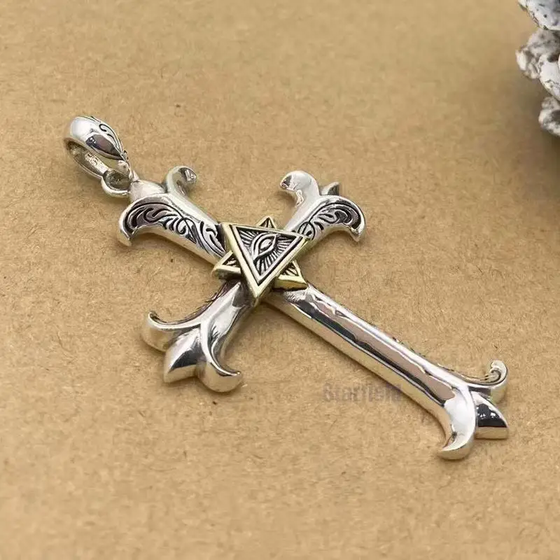 

Fashion accessories S925 pure silver eye god personality cross necklace pendant men joker sweater chain