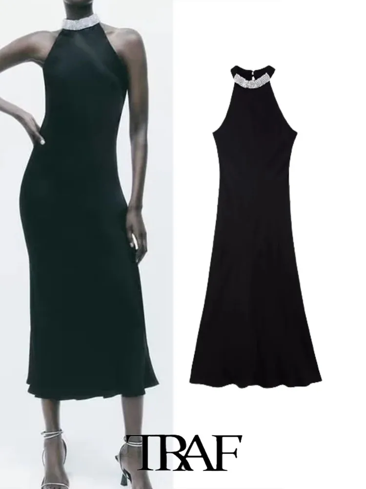 

TRAF 2022 Women Dress Vintage New Fashion Beaded Neckline Off Shoulder Slim Midi Dress Woman Lady Female Dress