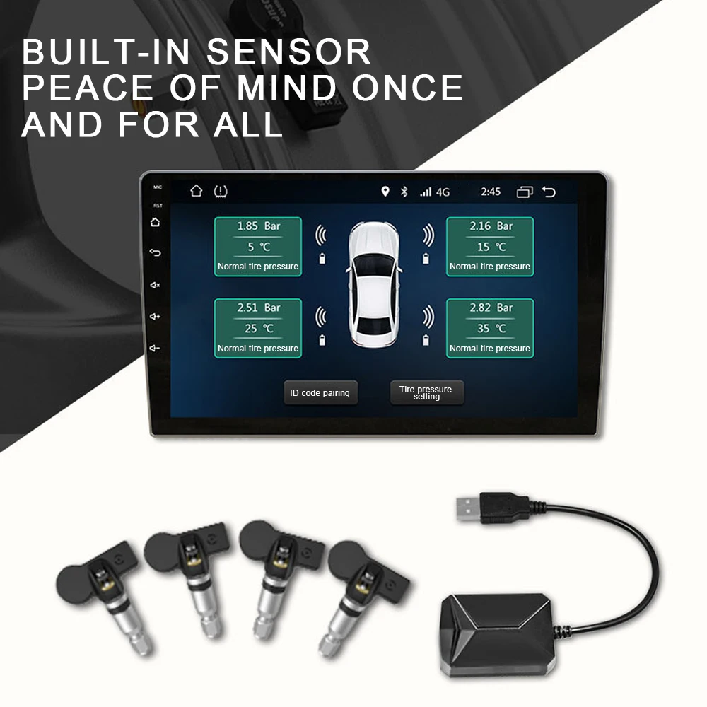 Система контроля давления в шинах TPMS с USB запасной внутренний и внешний датчик