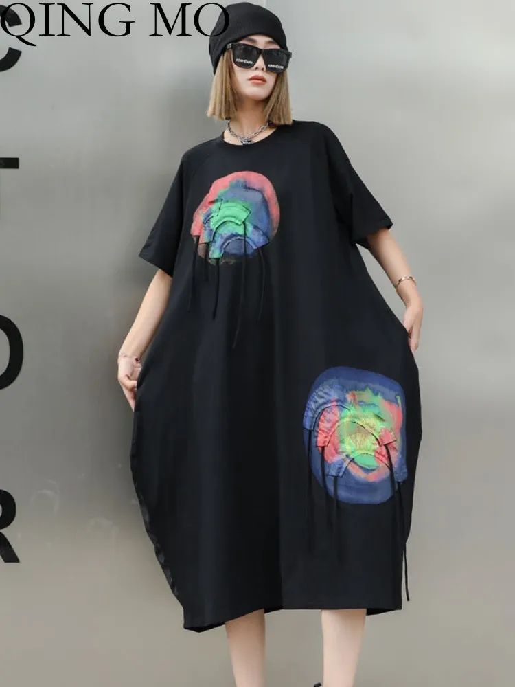 

QING MO 2023 Summer New Short Sleeve Dress Medium Length Patchwork Black Printed Loose Fit Dress Short Sleeve ZXF3209