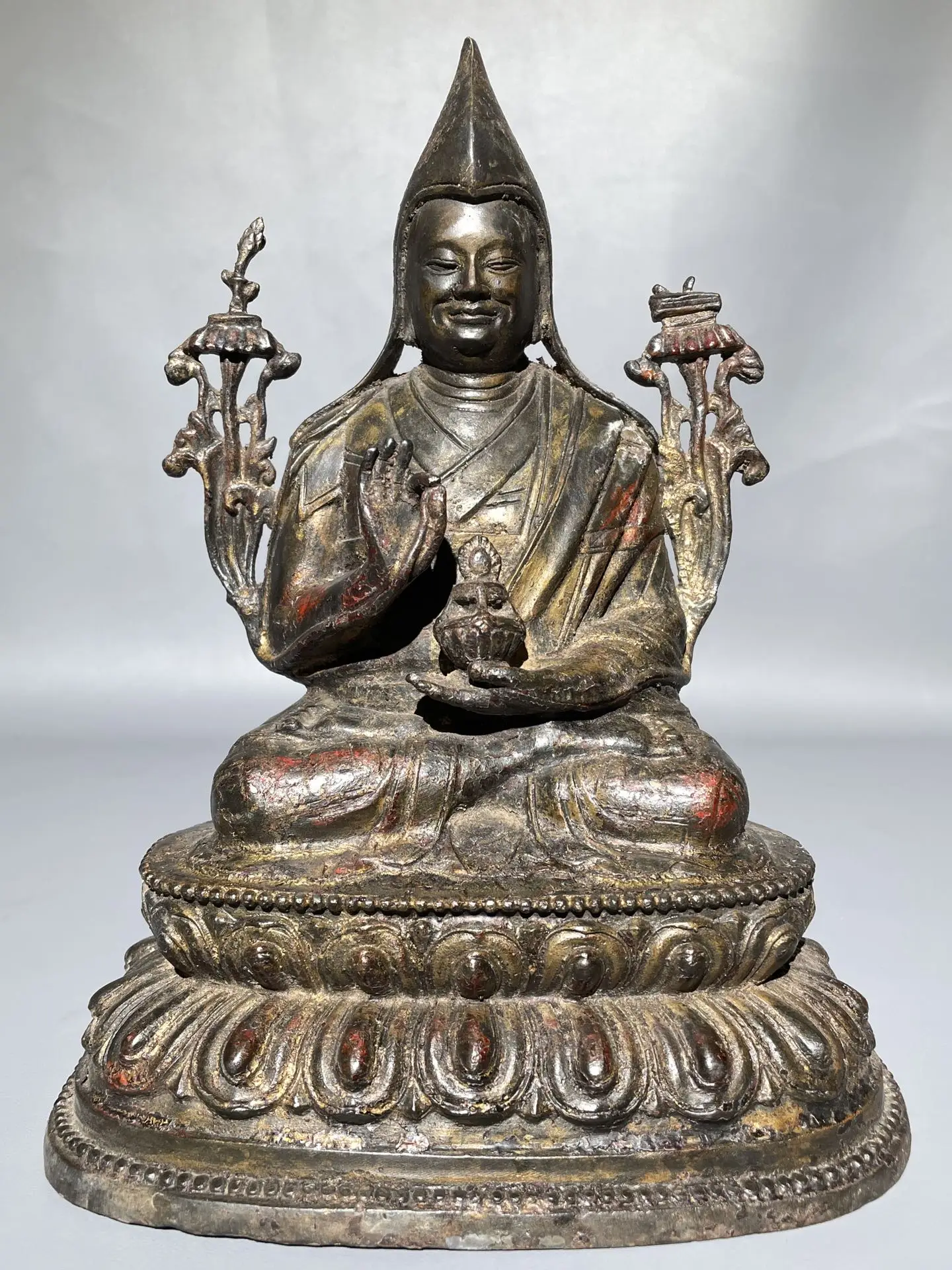 

9" Tibetan Temple Collection Old Bronze Cinnabar mud gold Tsongkhapa Tibetan Buddha lotus platform worship buddha Town house