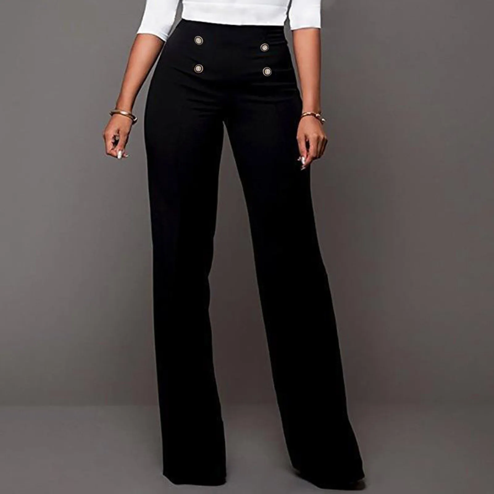 

Korean Fashion High Waist Straight Pants for Women Office Lady Solid Color Work Trousers Buttons Loose Wide Leg Pants Pantalones