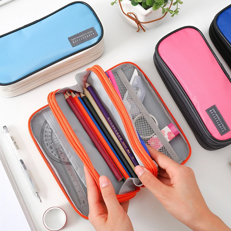 

2022 3 Layers Large Capacity Pencil Case Double Side Macaron Color Pen Bags Junior High School Students Stationery Storage Pouch