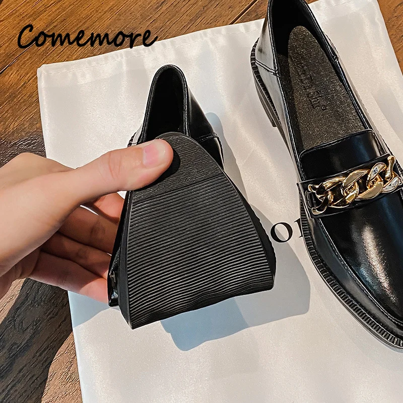 Comemore Plus Size 42 Oxford Shoes Woman Loafers 2023 Leather Flats Chains Sneakers Trend Girls Lolita Medium Heels Flats Spring
