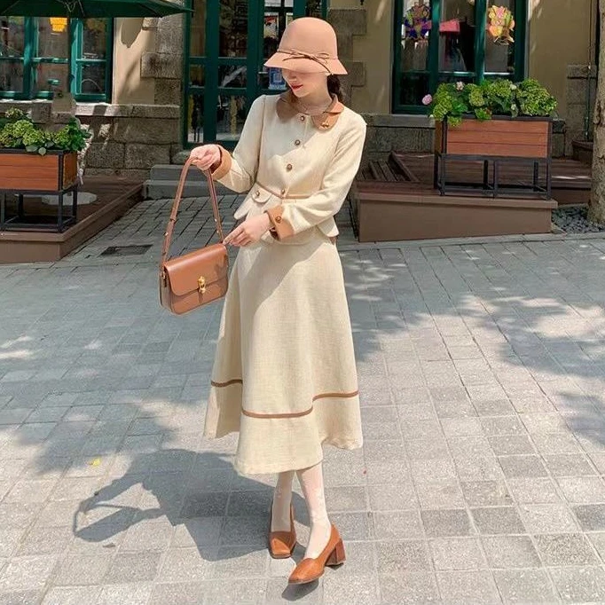 

Women 2023 Autumn New French Skirt Suits Female Solid Color Short Coats and Loose Casual A-line Skirts Ladies 2 Piece Sets F161