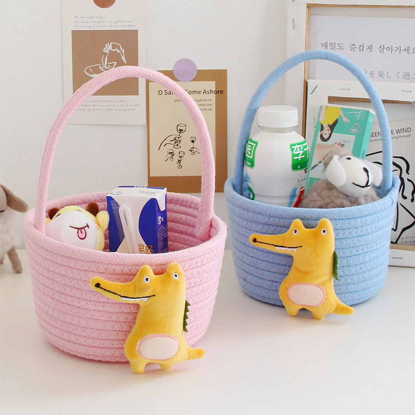 

Cute Hand Woven Storage Basket Household Kids Toys Desktop Organizer Case Cotton Thread Cartoon Animals Sundries Handheld Boxes