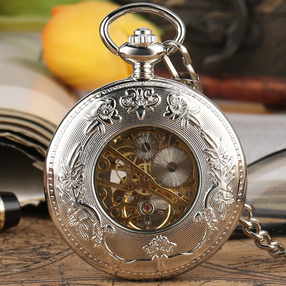 Hollow 12 Circles Roman Numerals Display Silver Mechanical Pocket Watch Exquisite Manual Mechanism Fob Pendant Pocket Clock Men