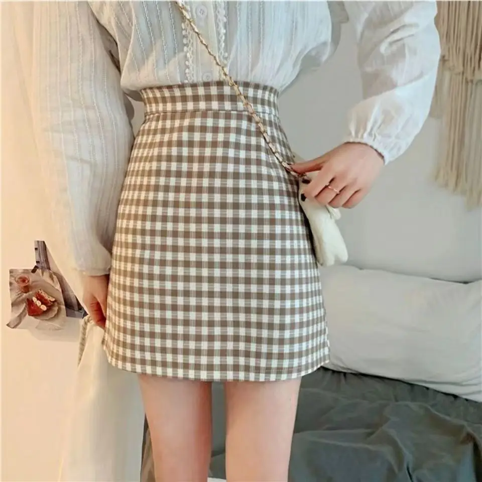 

Plaid Skirt Women Spring New Korean Version of High Waist A-line Skirt Retro Temperament All-match Bag Hip Skirts Female T206