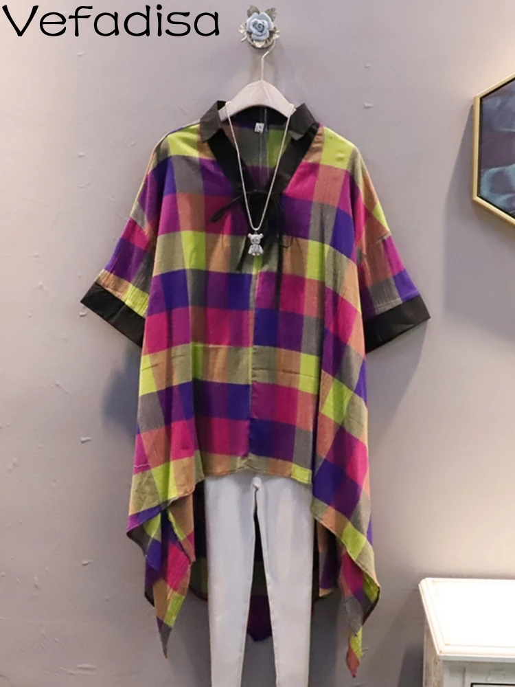 Vefadisa 2023 Summer New Women Shirt Dress Loose Fashion Shirt Casual V-neck Top Cotton Hemp Colorful Plaid Dress ZY1055