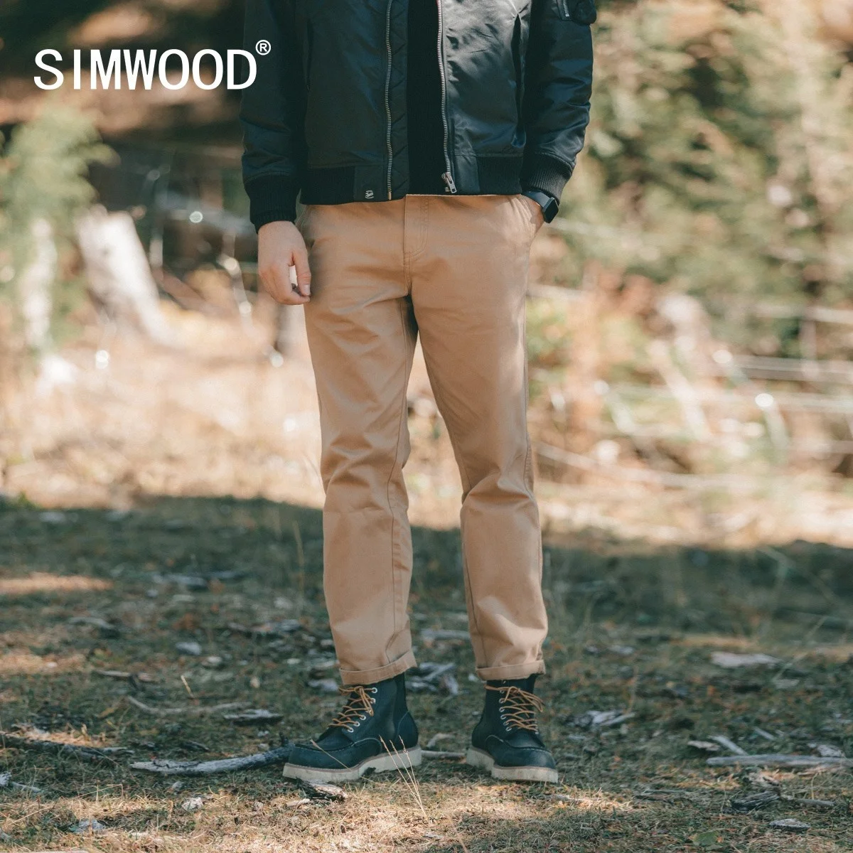 

SIMWOOD 2023 Spring Winter New Regular Fit Straight Pants Men 100% CottonTwill Enzyme Wash TrousersClassic Chinos SJ170995