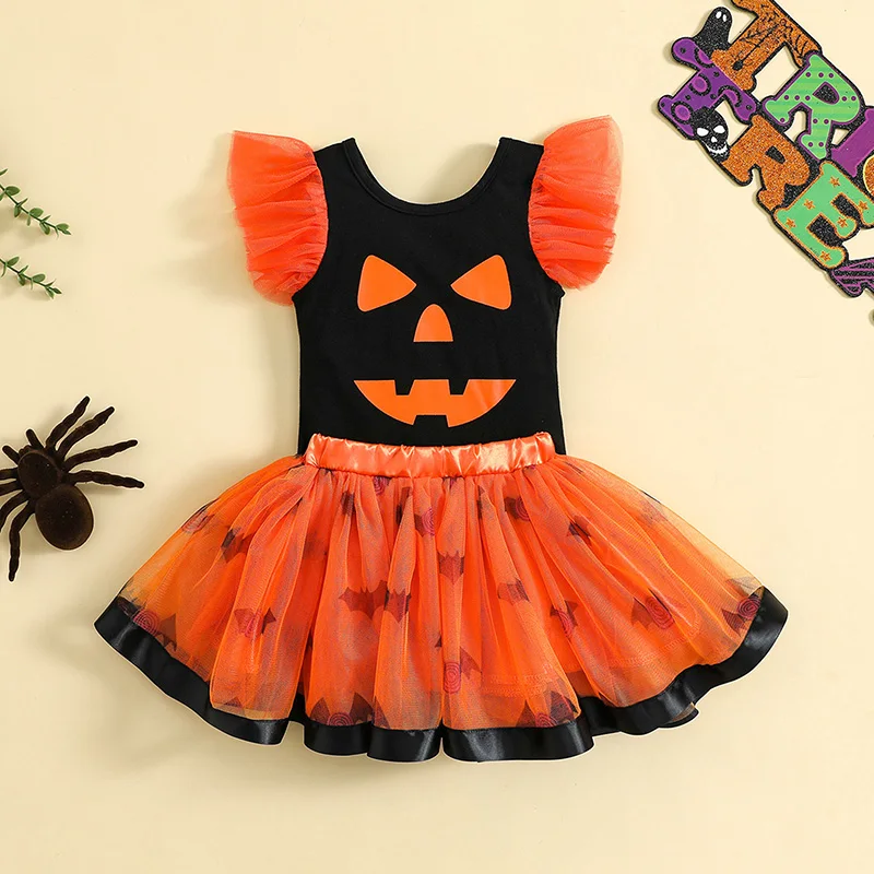 

0-24 Months Two Piece Baby Girl\u2019s Clothes Halloween Printed Fly Sleeve Romper and Mesh Yarn Short Skirt