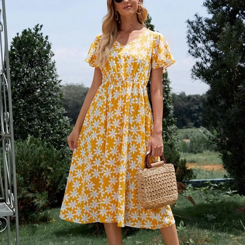 Vestidos Women Elegant A Line Floral Print MIdi Drsss Butterfly Short Sleeve V Neck Sundress Female High Waist Beach Party Dress | Женская