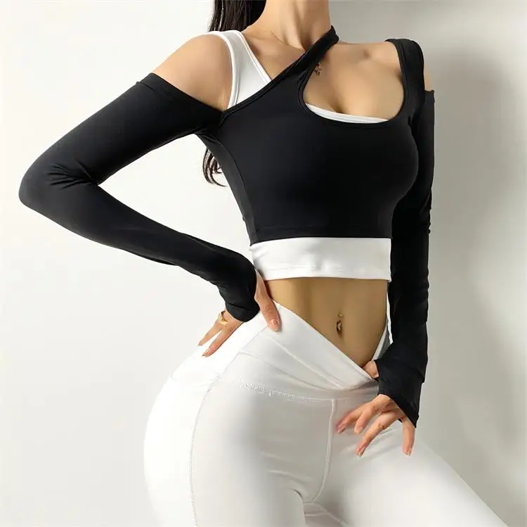 

Women Yoga Long Sleeve T Shirts Exercise Fake Two-Piece Shoulder Hollow Out Gym Running Top Quick Dry Sports T Shirts Women