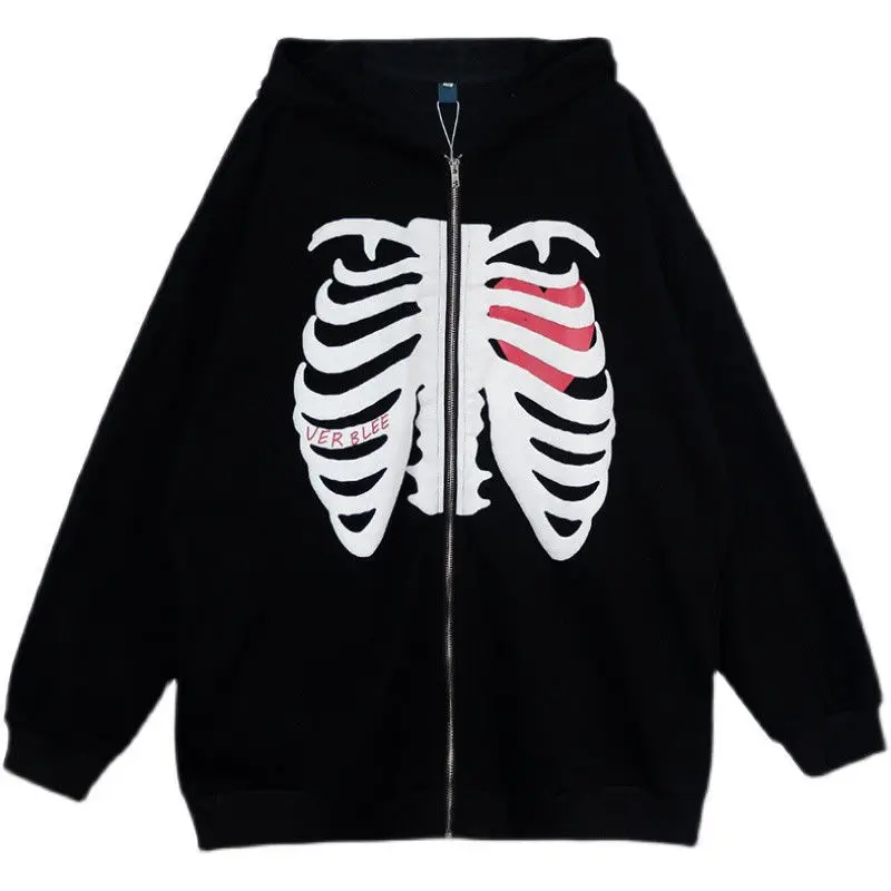 Gothic Skeleton Print Hoodies Men Women Y2K Long Sleeve Hooded Sweatshirts Harajuku Loose Zip Up Hoodie Jacket Coat Streetwear