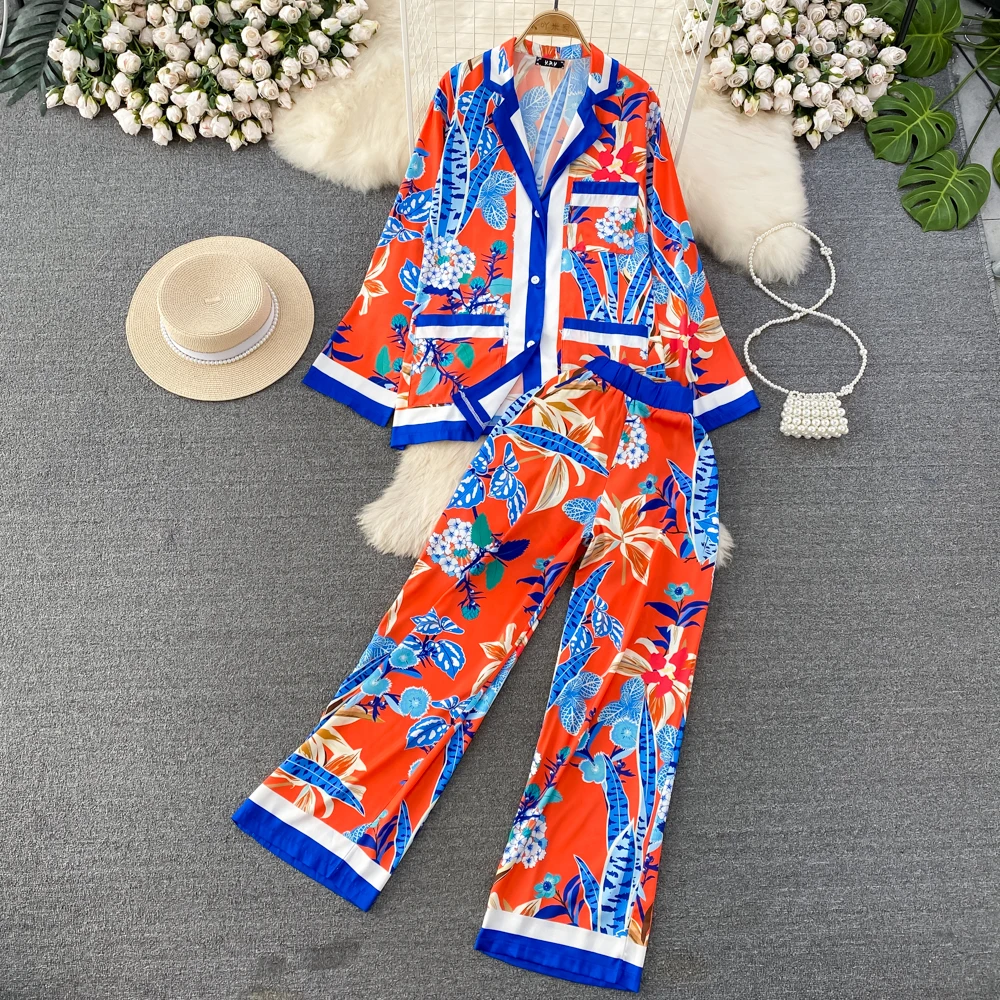 

Fashion Set Women's Long Sleeved Suit Collar Loose Single Breasted Printed Shirt Two-piece High Waisted Wide Leg Pants