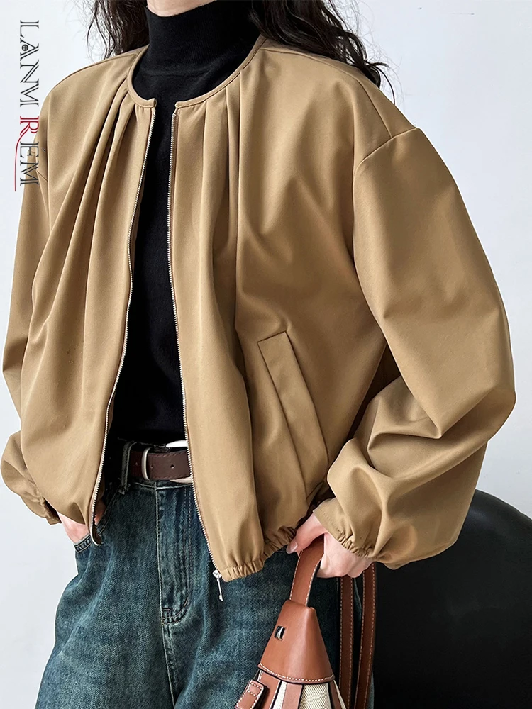 

[LANMREM] Solid Minimalism Round Neck Jackets For Women 2023 Autumn New Zipper Cardigan Long Sleeve Tops Fashion Clothes Coats 2