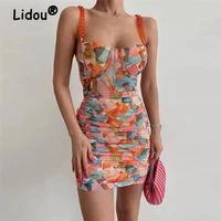 evening party sexy off shoulder sleeveless geometric printing folds bodycon dress new 2022 summer buttocks hip womens clothing