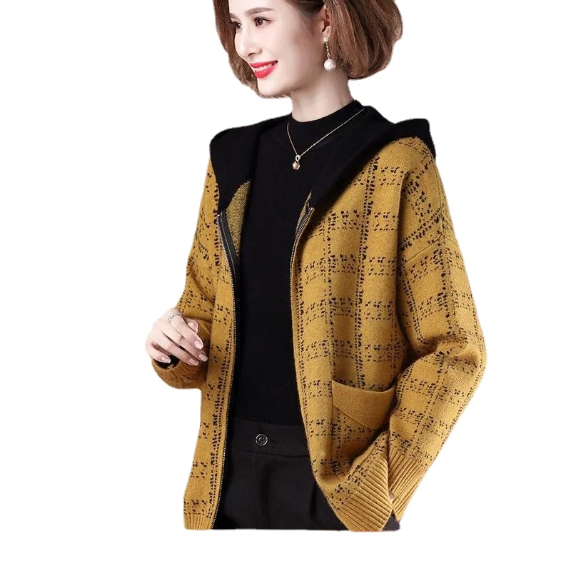 Spring new hooded cardigan large size women's knitted sweater top sweater plaid coat women