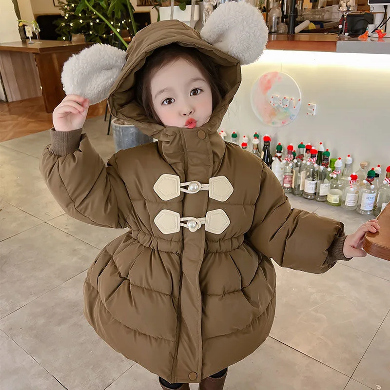 

Girls' Cotton-padded Jackets Korean Child Mid-length Hooded Slim Fashion Coats Kids Thick Warm Outwear