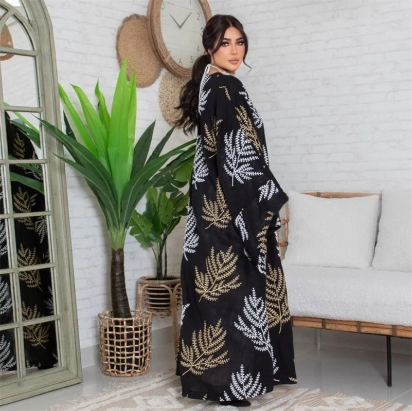 Abayas for Women Dubai 2022 Black Mesh Embroidered Front Open Abaya and White Halter Neck Vest 2 Pieces Muslim Set New