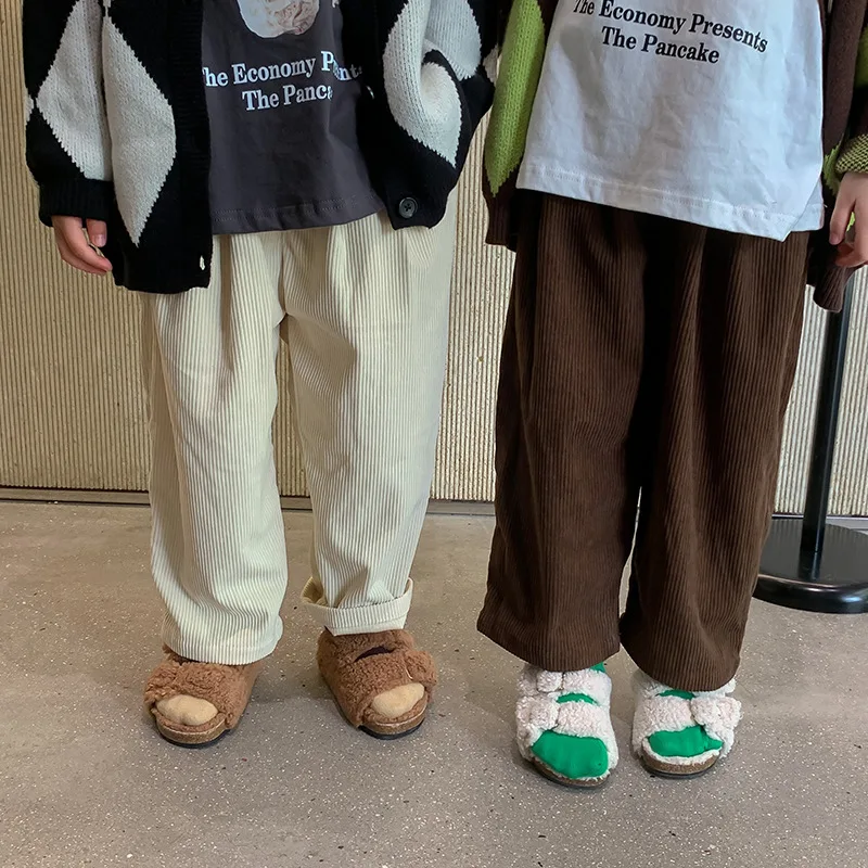 Spring Autumn Kids solid color corduroy casual pants Unisex Children soft loose all-match trousers