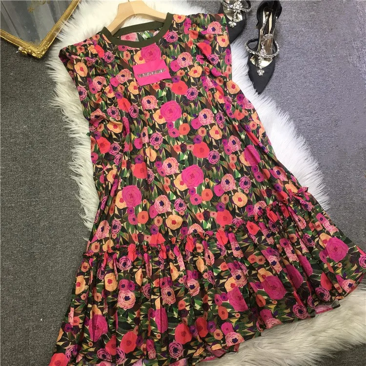 

Korea New Summer Short Sleeve Women Dresses O-neck Loose Ruffles Pleated Dress Streetwear All-match Cute Floral Print Mini Dress