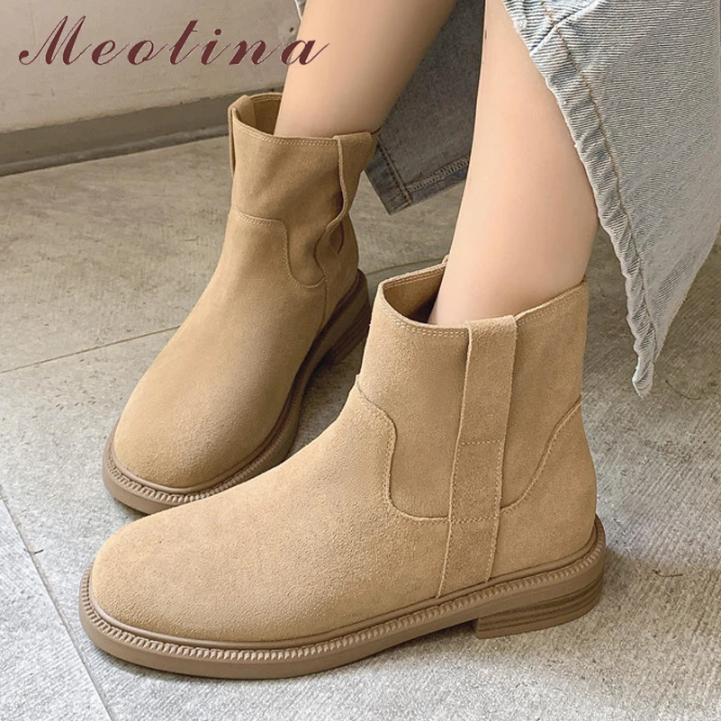 

Meotina Women Genuine Leather Ankle Boots Round Toe Flat Ladies Cow Suede Fashion Short Boot Autumn Winter Shoes Green Apricot