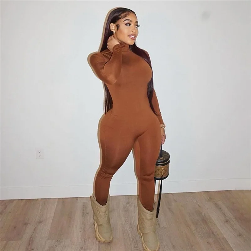 

AIIOU 2022 Long Sleeve Skinny Rompers Women Sexy Basic Jumpsuit Solid Turtleneck Skinny Bodycon Full Bodysuit One Piece Overalls