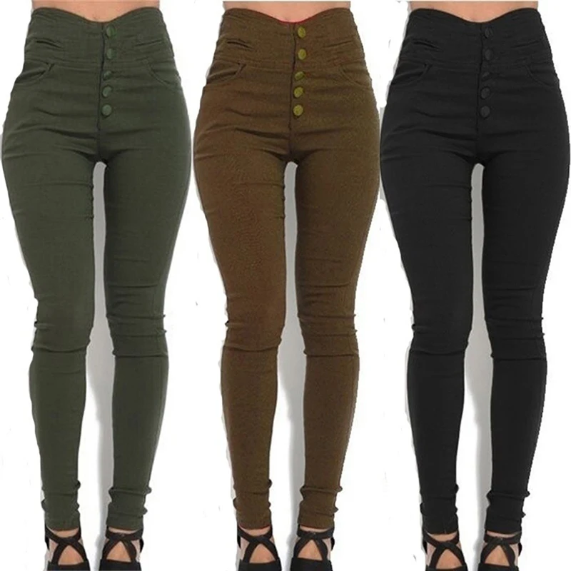 

Fashion Women's High Waist Skinny Stretch Pencil Pants Slim Fit Trousers Stylish Female Black/Army Green/Brown Button Long Pants