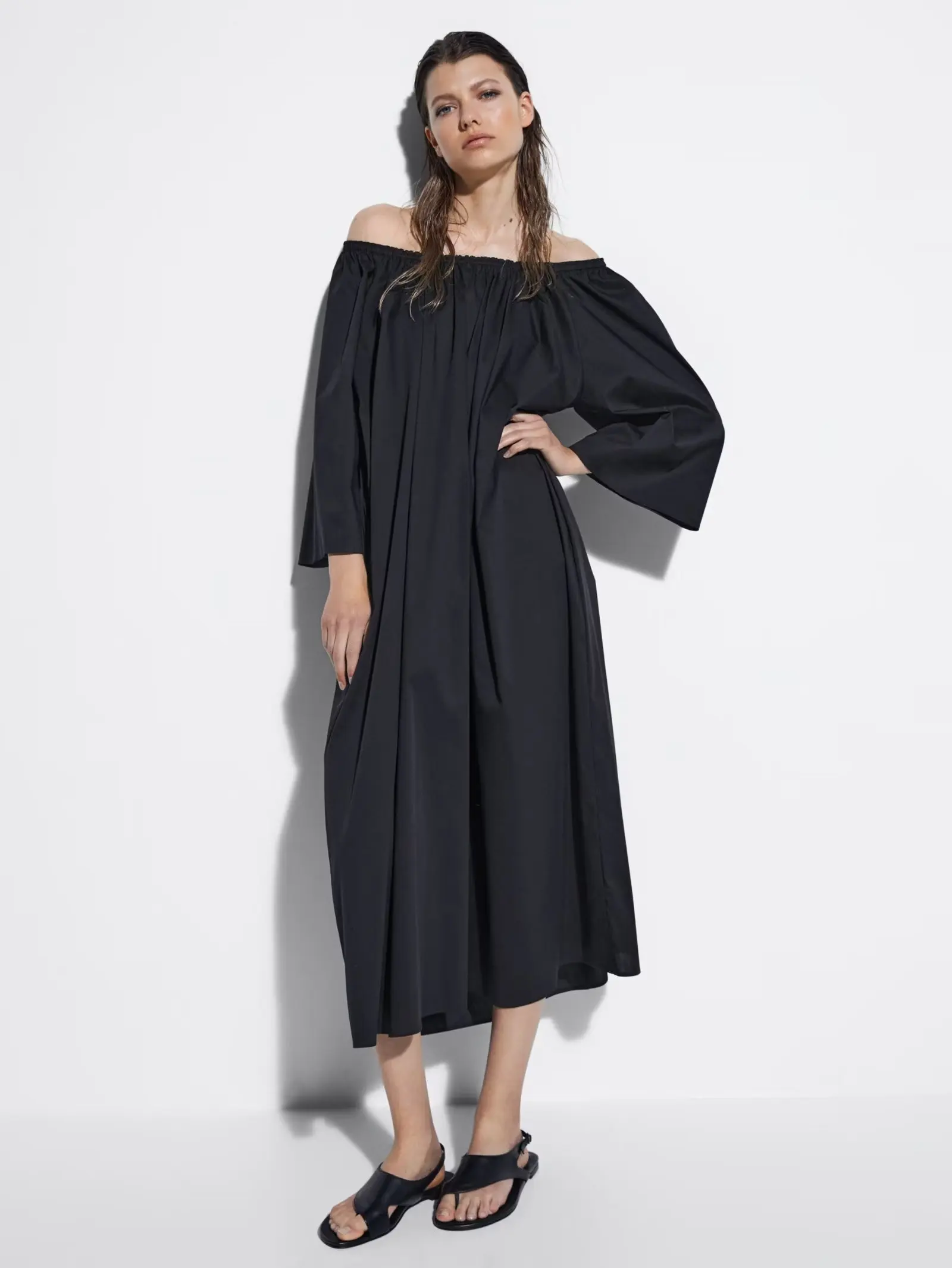 

Women 2023 New Fashion With Shoulder Sleeves All-match Dress Chic One-word Collar Pleated Casual Dress Vestidos Mujer