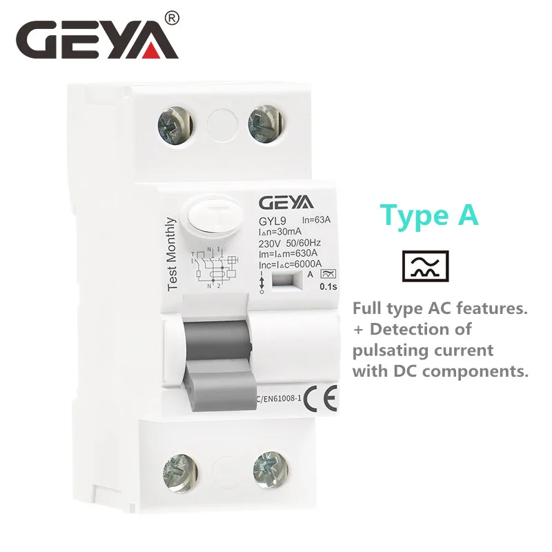 GEYA GYL9 Type A Electromagnetic RCD Residual Current Circuit Breaker AC ELCB 2 Pole 40A 63A 30mA 100mA 300mA RCCB 1P+N