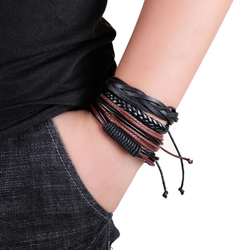 

Men Bracelets Vintage Multilayer Leather Braid Bracelets Bangles Surfer Wristband Handmade Rope Wrap Bracelets Male Gift Jewlery
