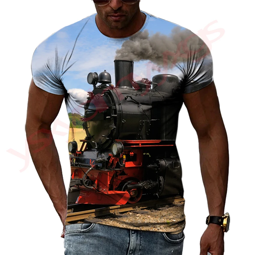 

Retro Steam Locomotive The Starting Point Of The Industrial Revolution Hip Hop Men T-shirts 3D Print Round Neck Tee Short Sleeve