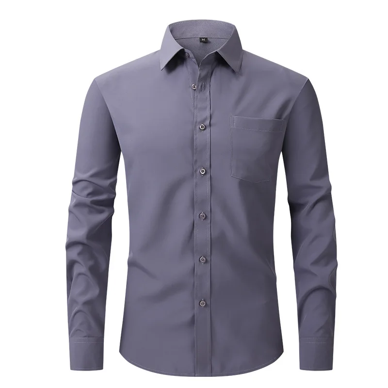 

Mens Long Sleeve Elasticity Shirt Brand Dress Shirt 2023 Trendy Solid Color Business Work Formal Casual Button Slim Fit Male Top