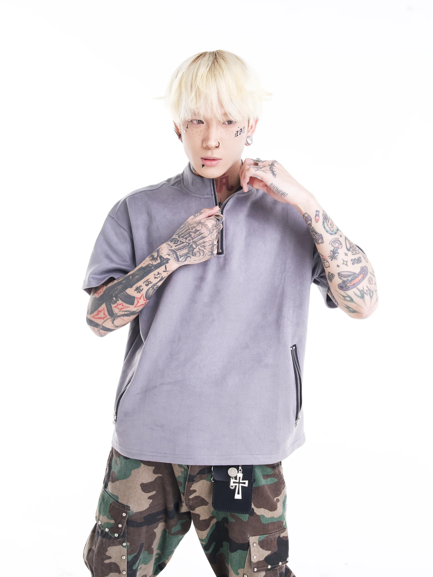 DETW24SS Original Australian Suede Luxury Matte Short Shape Half Zip Unisex Design Sleeve T-Shirt Breathable Yout...