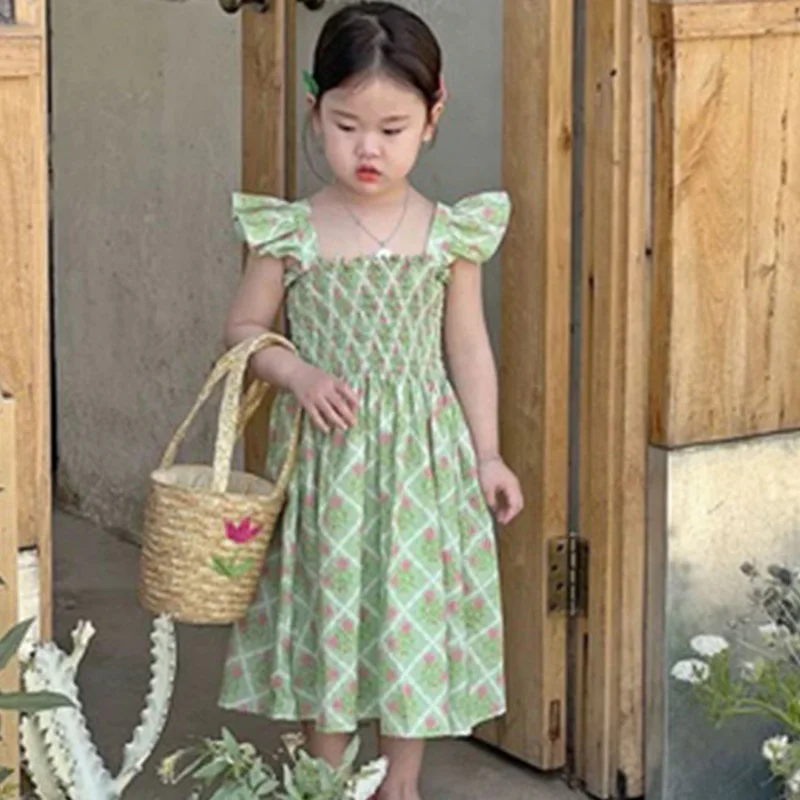 

Prairie Chic Kids Shirring Square Collar Floral Printing Patchwork Ruffles Summer Korean Children Clothing Sleeveless Mid Dress