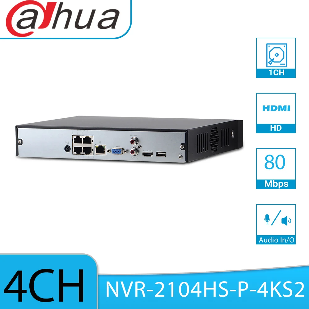 

Dahua NVR2104HS-P-4KS2 4-канальный компактный 1U 1HDD 4PoE Lite 4K H.265 + сетевой видеорегистратор 80 Мбит/с аудиовход/выход 8 Мп HD