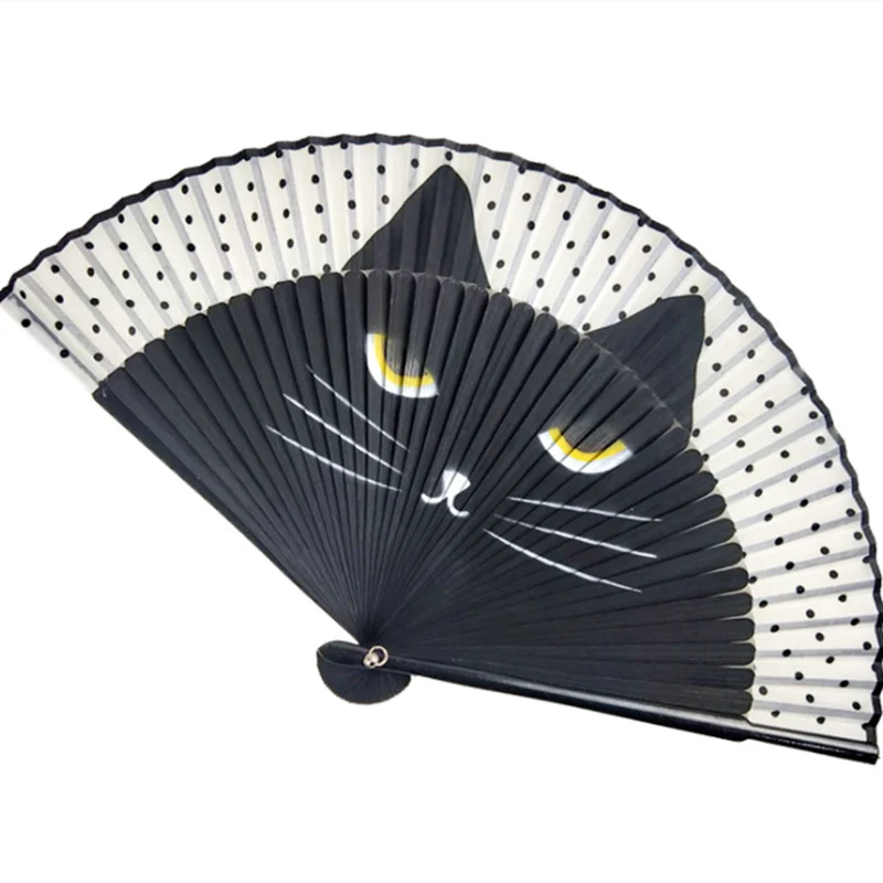 Cute Cartoon Cat Folding Silk Fan Handheld Fan Hollow Out Hand Folding Fans Outdoor Dancing Wedding Party Decoration