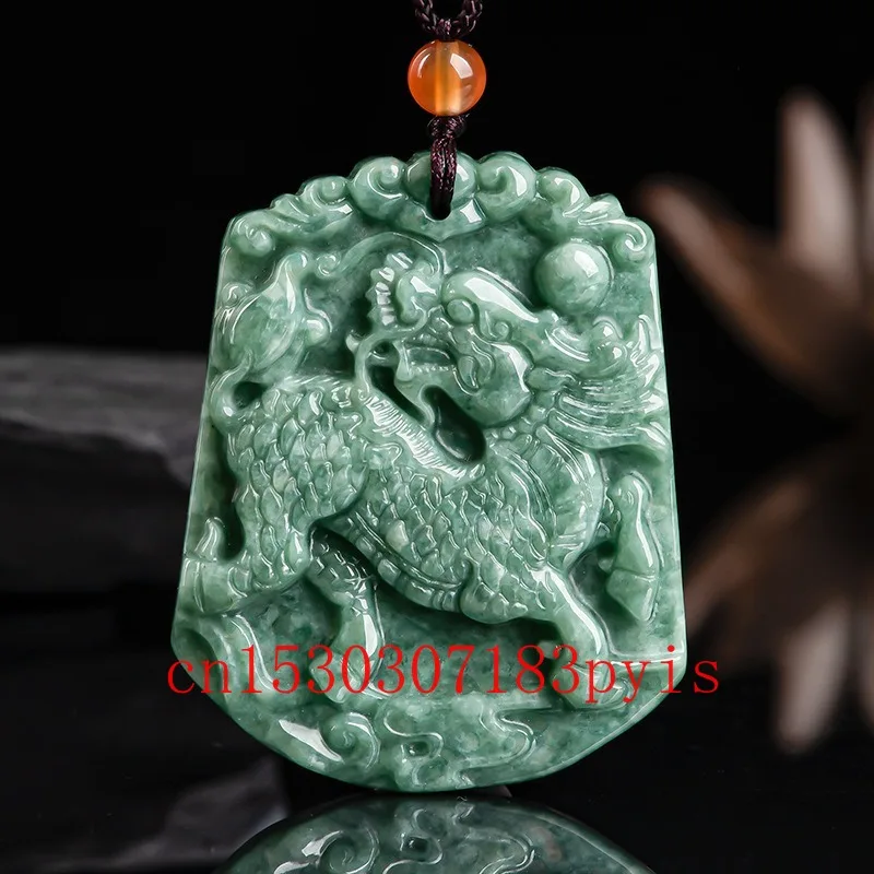 

Natural Burmese Emerald Jade Kirin Pendant Necklace Chinese Carved Jadeite Fashion Jewelry Accessories Charm Amulet Gift for Men