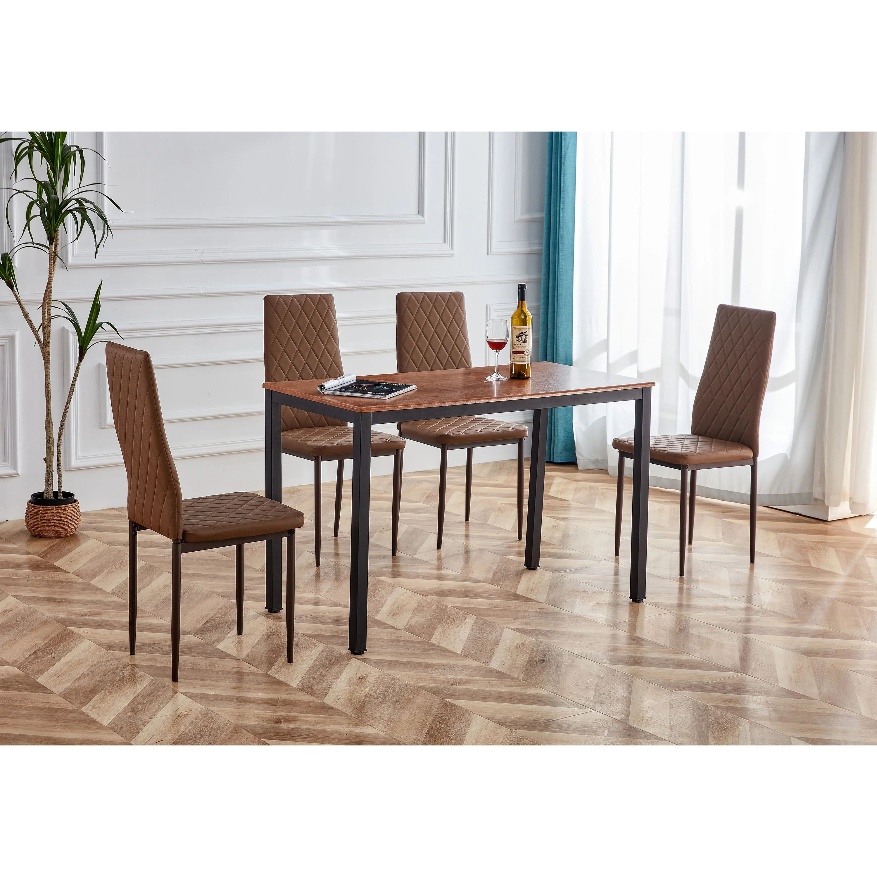 

5pcs Retro Style Dining Table And Chair Hotel Dining Table And Chair Conference Chair Outdoor Activity Chair Pu Leather