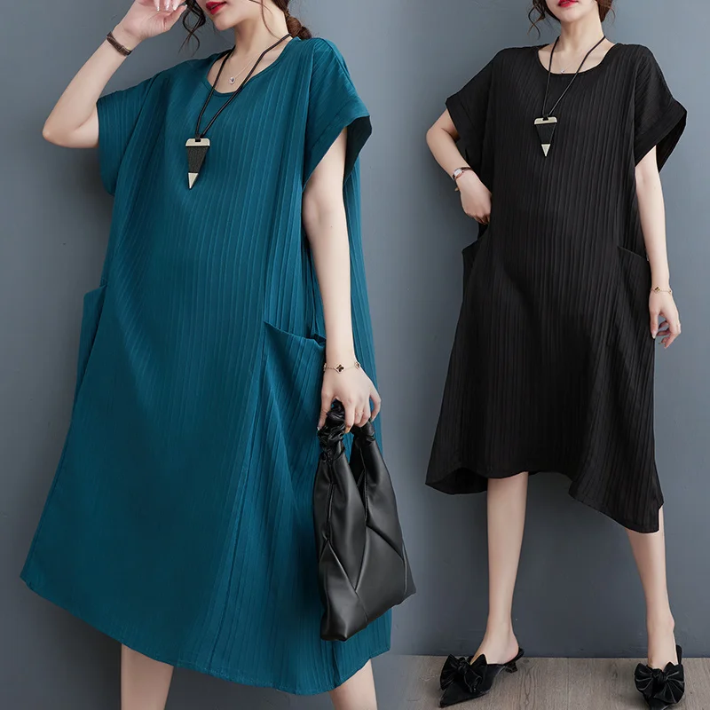 

Летнее платье-футболка с коротким рукавом, свободная Асимметричная футболка с большими карманами, платье-трапеция до колена с круглым вырезом для женщин