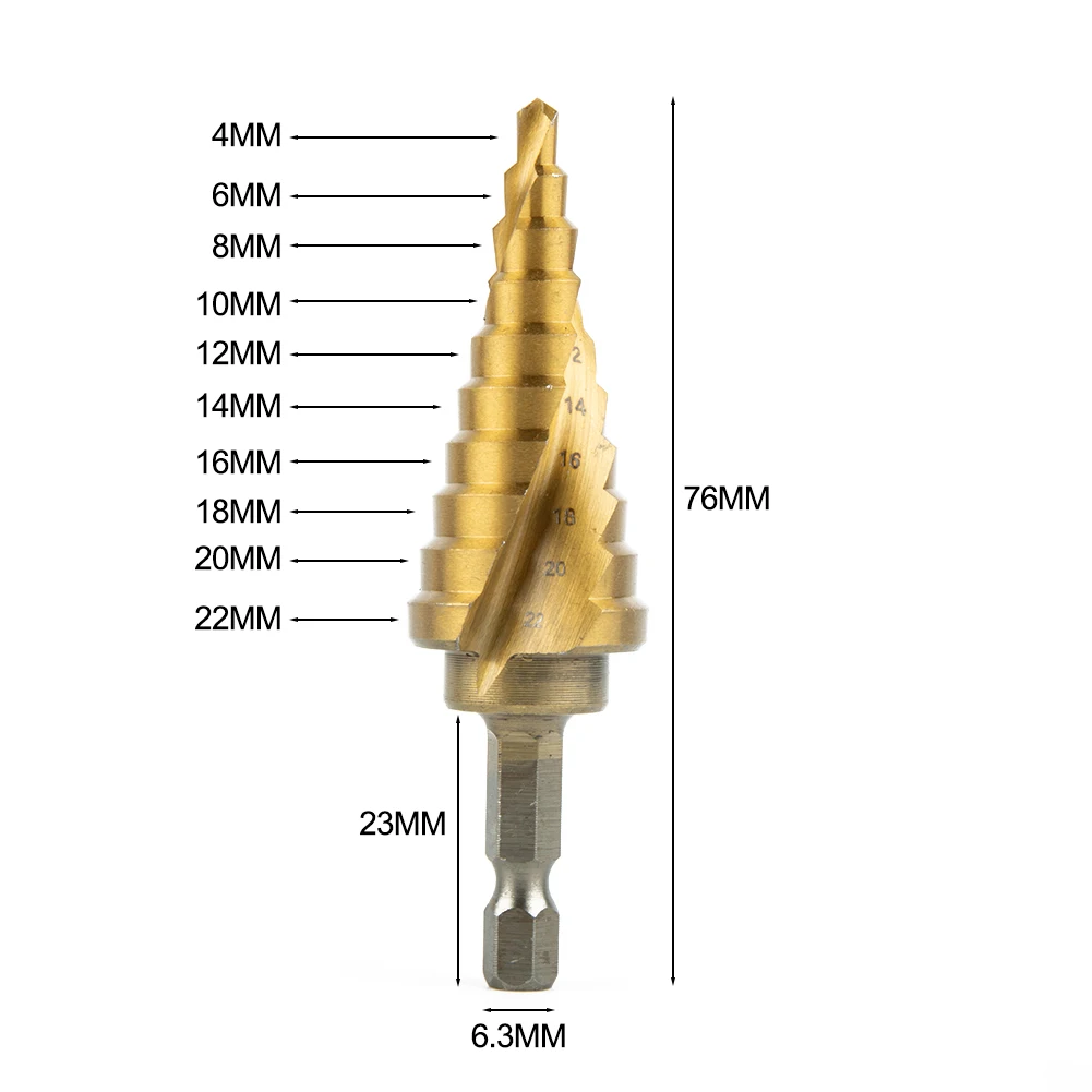 

Titanium Coated Step Drill Bit Drill Bit Gold Insulation Boards Sheet Iron Plate Spiral Fluted Step Cone 4-22mm