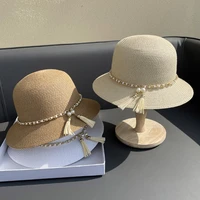 spring summer chain tassel pearl bucket hats women outdoors sun protection straw caps 4 colors all match sun hat 56 58cm 2022