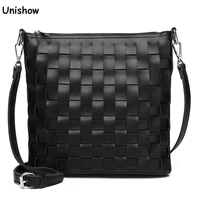 fashion hand woven women shoulder bag 2022 faux leather bucket bag simple casual designer knitting lady crossbody bag