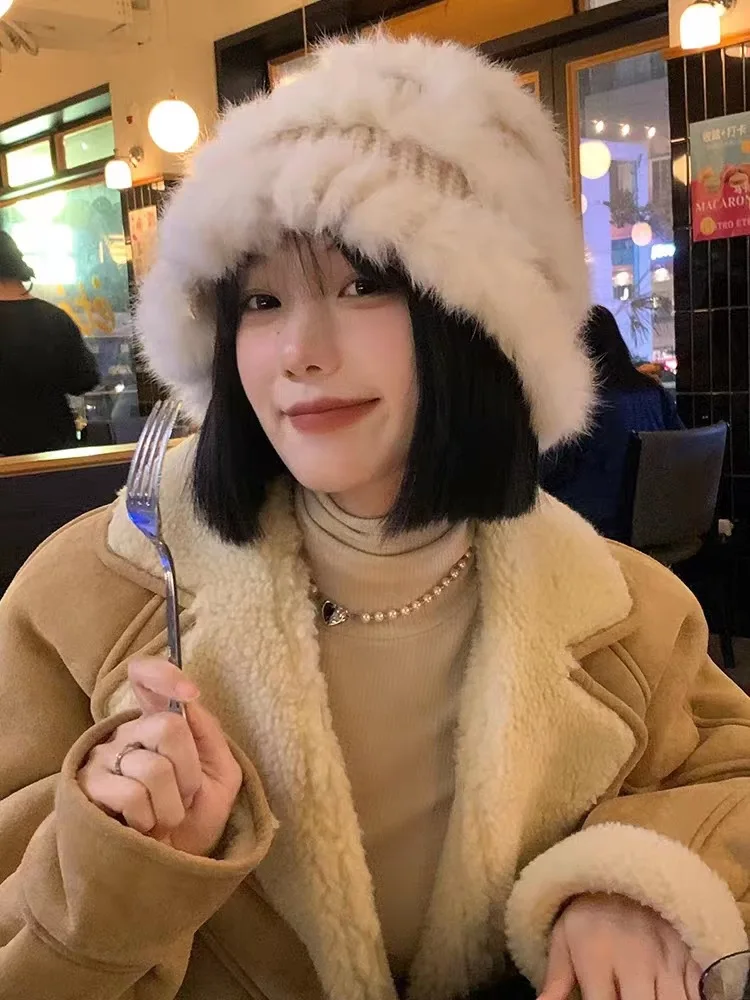 

Шапка из кроличьего меха Женская осенне-зимняя универсальная утепленная плюшевая вязаная шапка маленькая Рыбацкая шапка с холодным лицом теплая шерстяная шапка